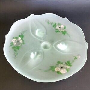 30s Romantic Cottage Green Frosted Satin Glass Handpainted 3 Toed Footed Compote